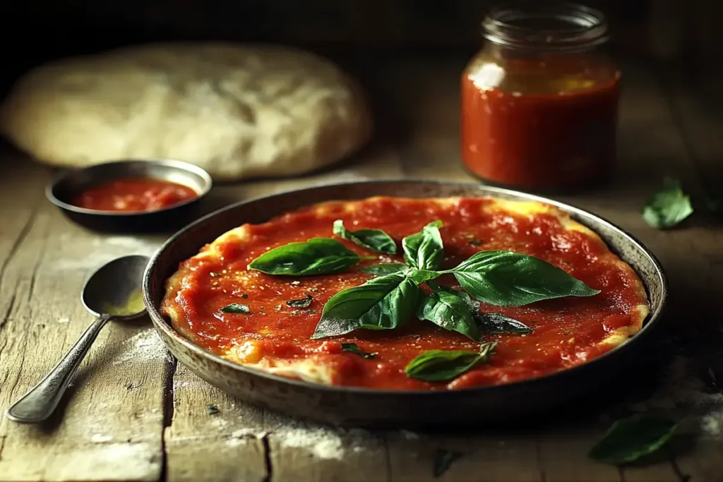 A bowl of New York style pizza sauce with fresh basil garnish.