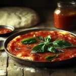 A bowl of New York style pizza sauce with fresh basil garnish.