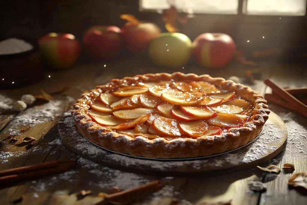 Rustic French apple pie with golden crust and caramelized apple slices