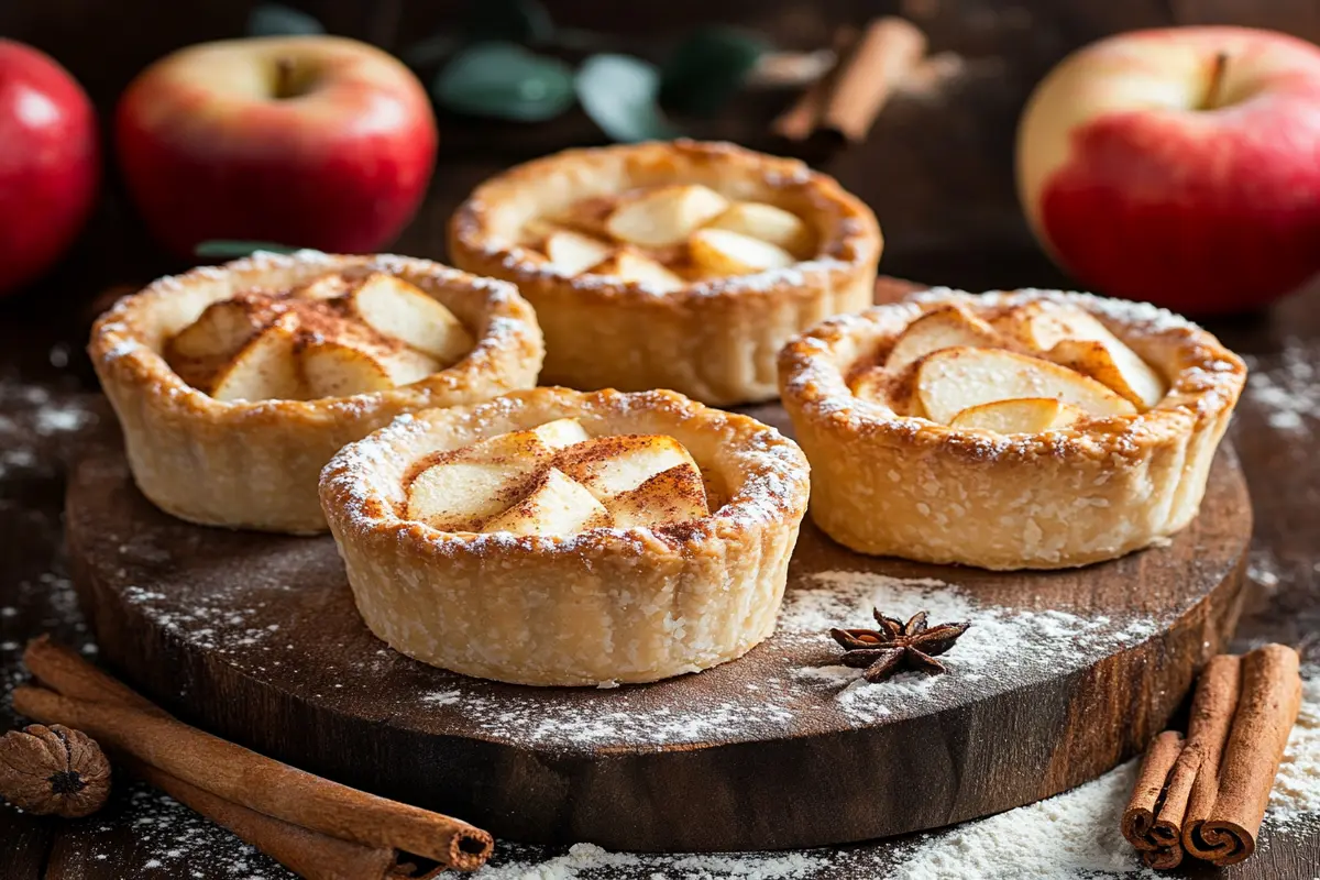 Freshly baked small apple pies with flaky crusts.