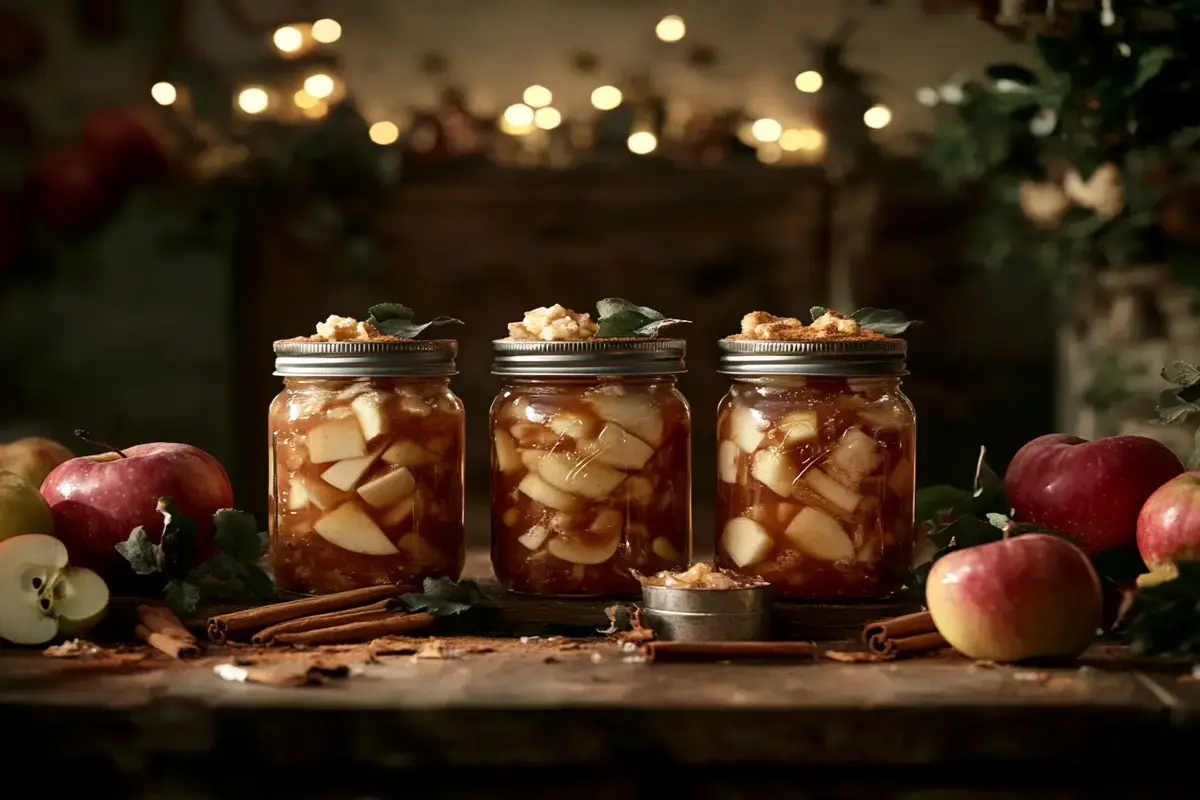 Jars of homemade canned apple pie filling surrounded by fresh apples.