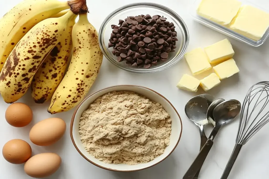 Ingredients for Banana Bread Cookies, including bananas, flour, eggs, and chocolate chips.