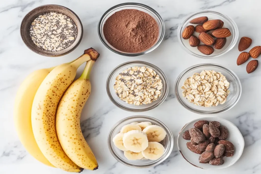 Ingredients for cocoa banana oatmeal, including oats, cocoa powder, banana, and milk.