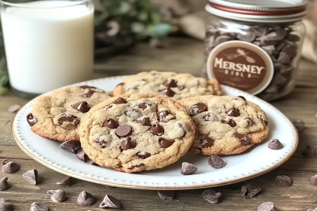 Freshly baked chocolate chip cookies with melted Hershey’s chocolate chips.