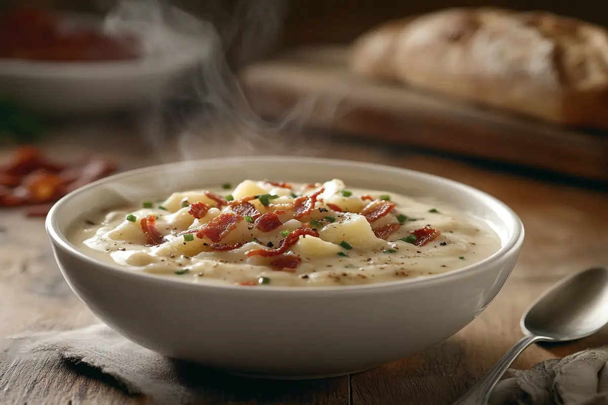 A bowl of creamy potato soup topped with bacon, chives, and cheddar cheese.