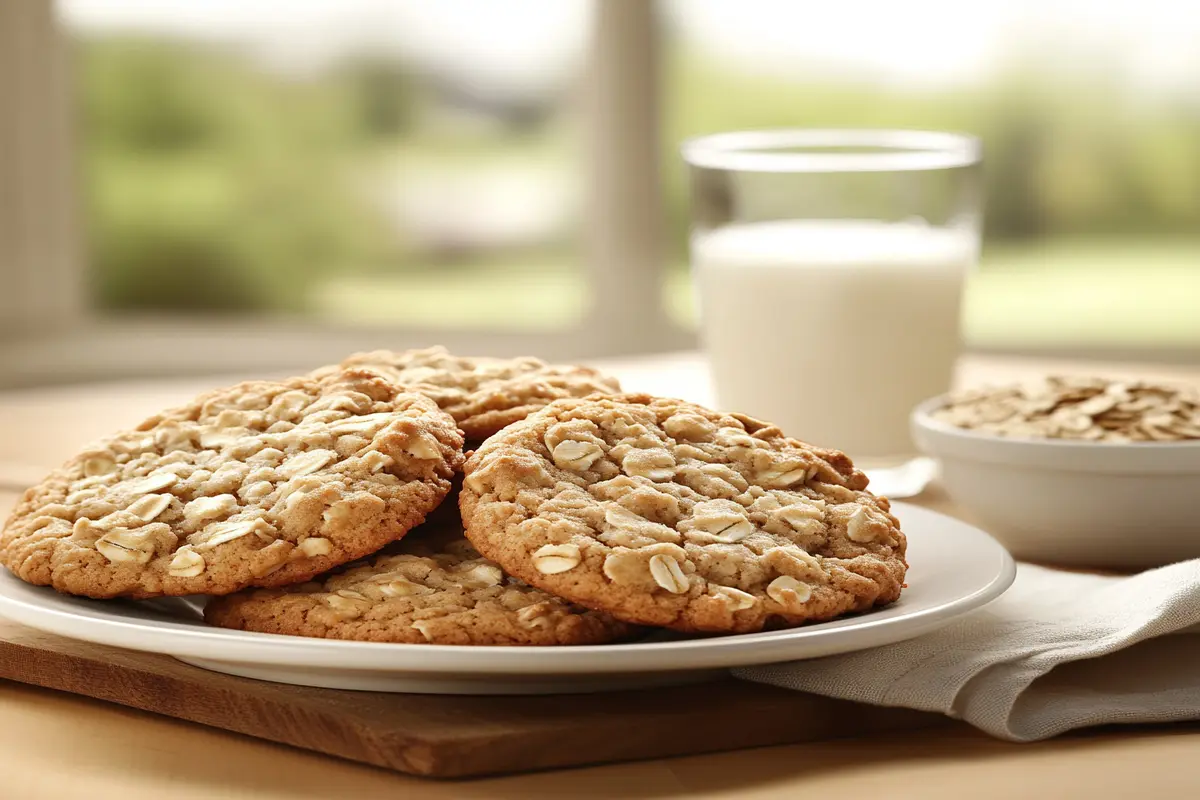 A plate of Quaker Oats oatmeal cookies with a bowl of oats and a glass of milk.