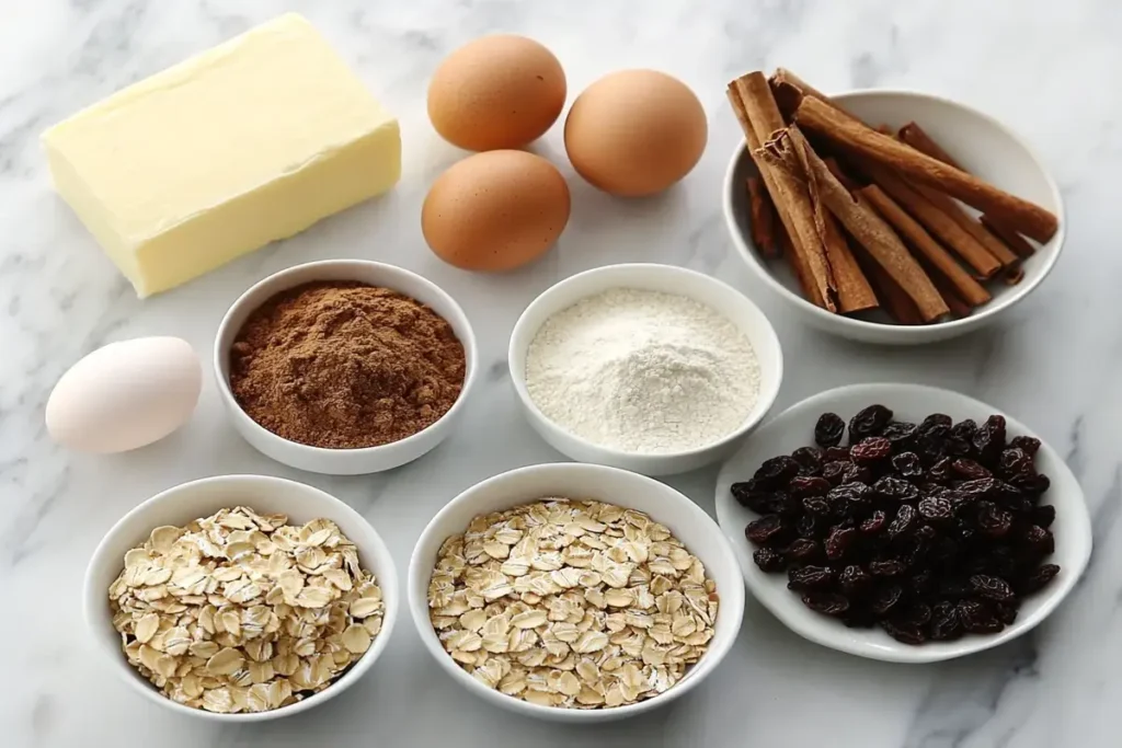 Ingredients for Quaker Oats oatmeal cookie recipe, including oats, brown sugar, flour, and butter.