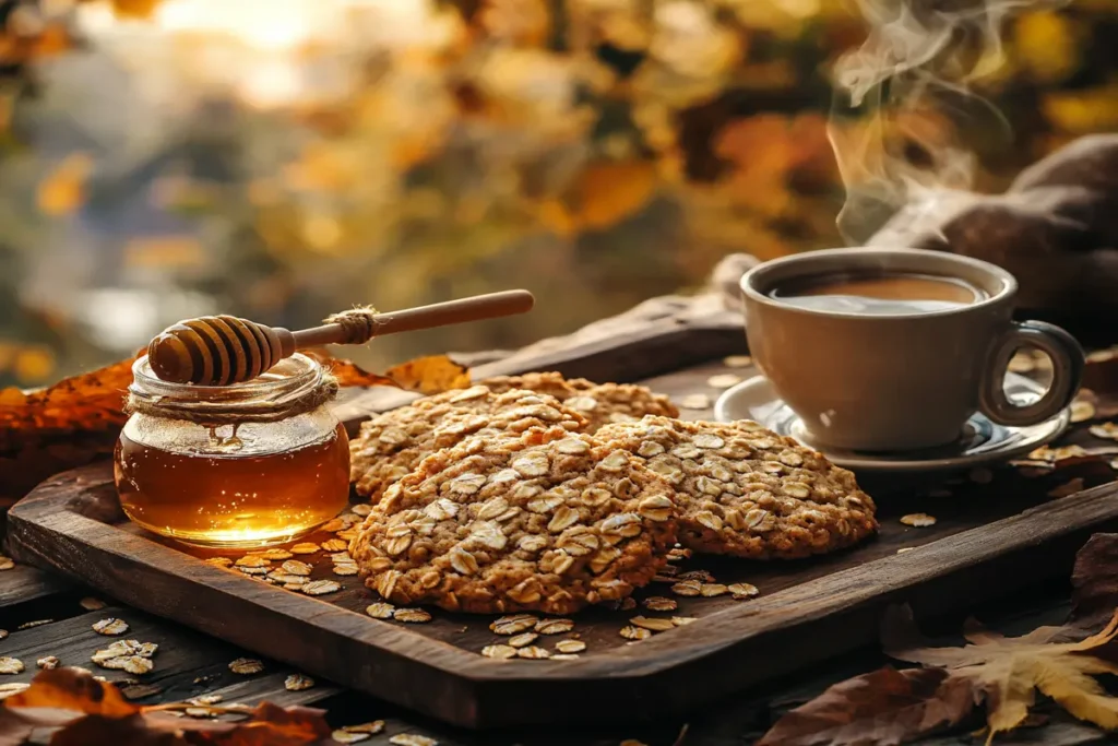 Oatmeal cookies served with coffee and honey on a wooden tray with autumn-themed decor.