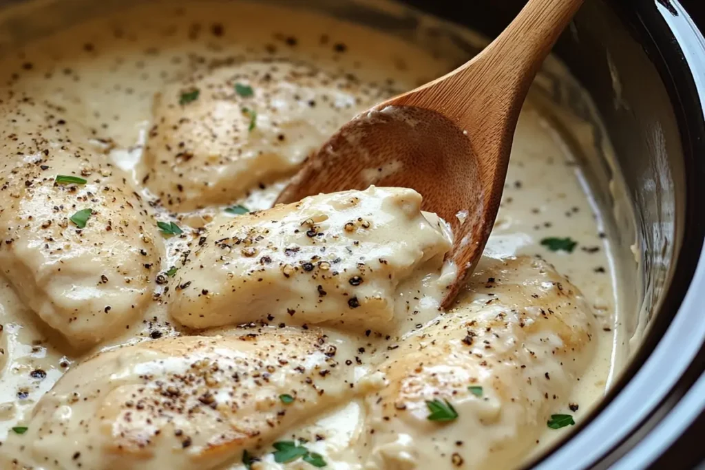 Chicken cooking in a crockpot with Alfredo sauce