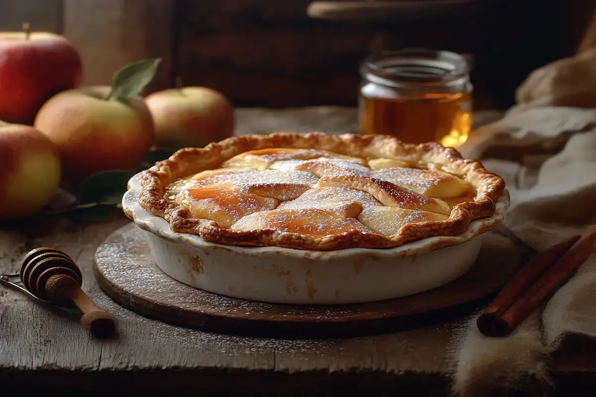 A small apple pie with a golden crust, garnished with powdered sugar, surrounded by apples and cinnamon sticks.