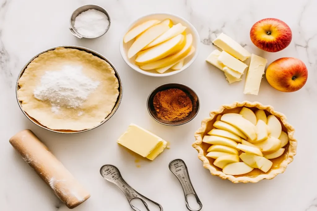 Ingredients for a small apple pie, including sliced apples, pie crust, cinnamon, and butter on a marble countertop.