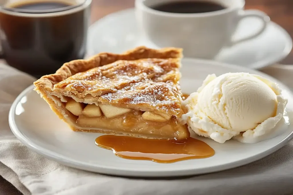 A serving of small apple pie with vanilla ice cream and caramel drizzle on a dessert plate.