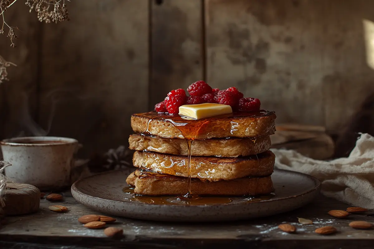 Stack of sourdough French toast with berries and syrup.