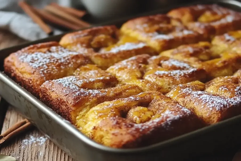 Freshly baked cake mix cinnamon rolls on a tray.