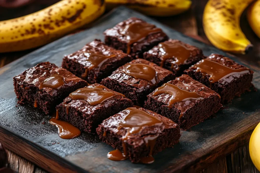 Tray of banana brownies with chocolate glaze and ripe bananas.