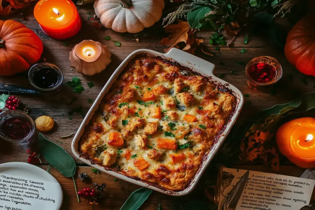 Casserole dish of golden-baked chicken dressing on a Thanksgiving table.