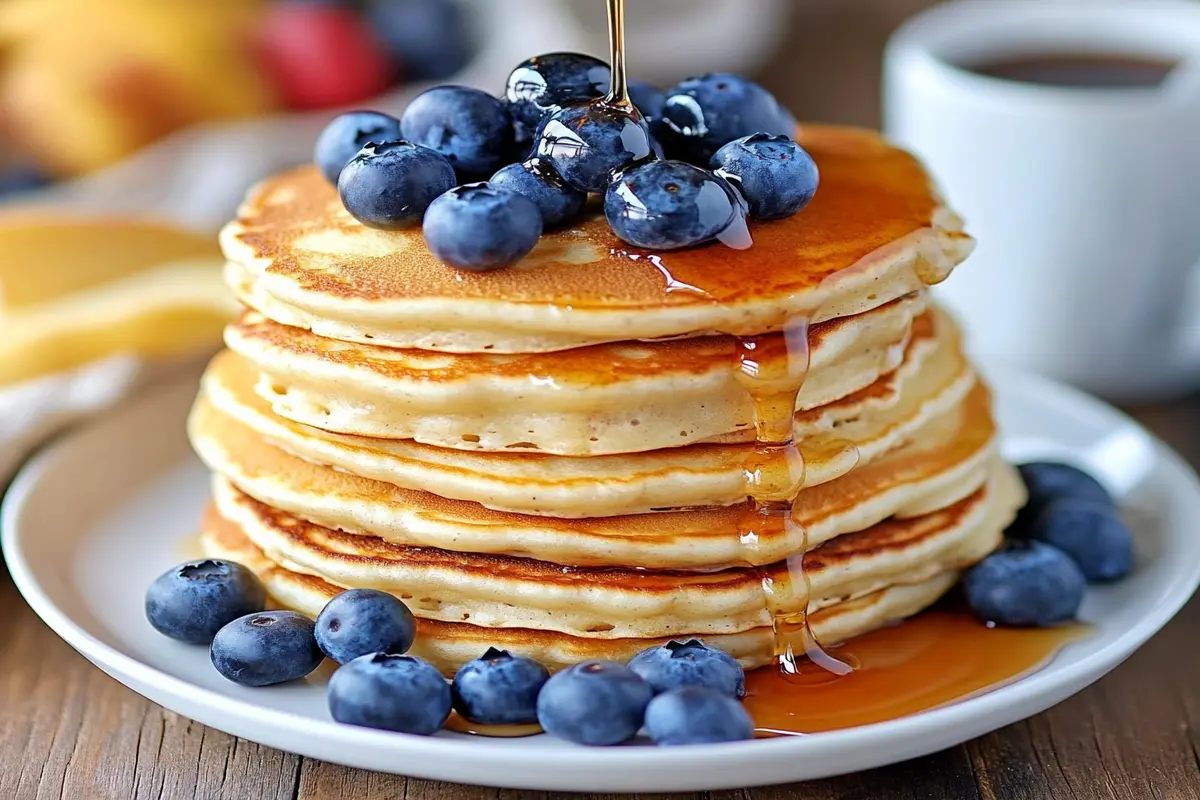 Stack of fluffy Kodiak Cakes pancakes with blueberries and syrup.