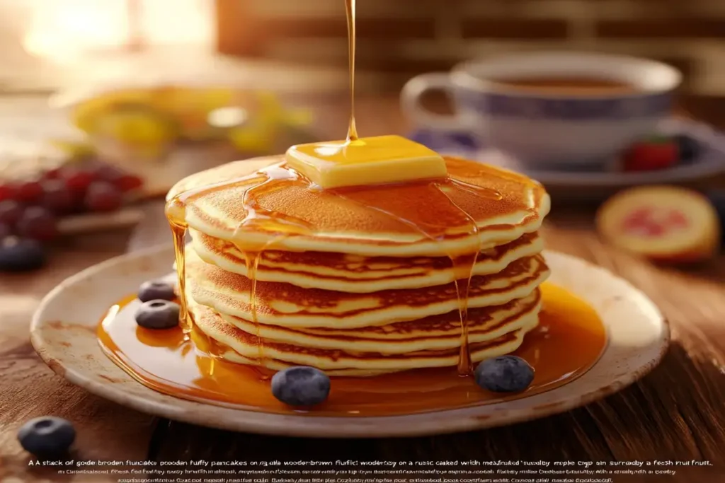 Golden-brown fluffy pancakes topped with syrup and butter.