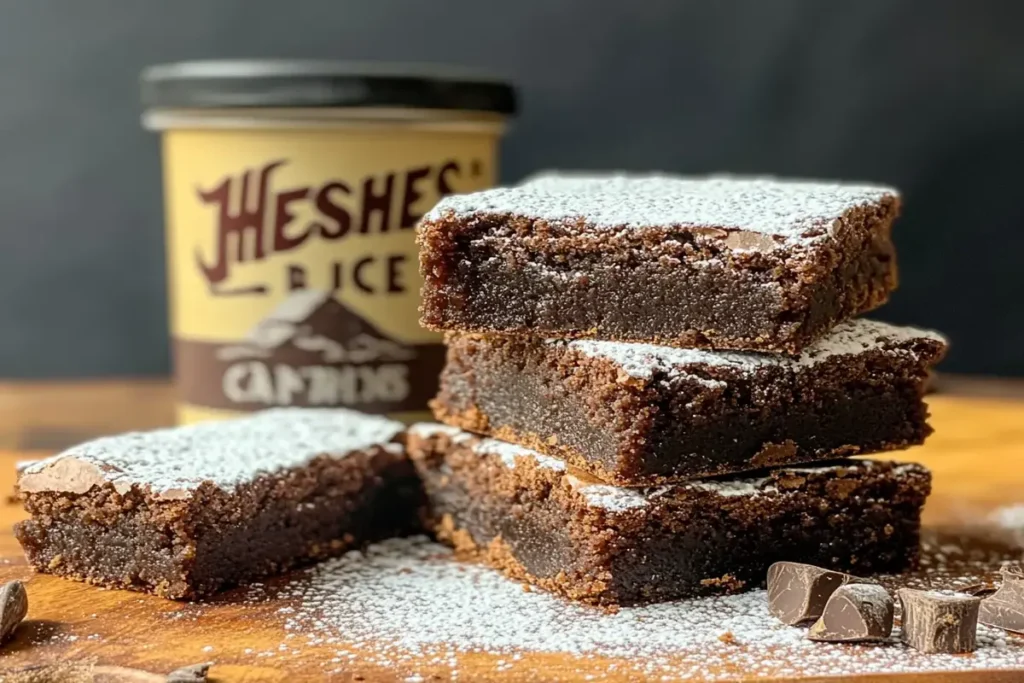 "Fudgy Hershey brownies stacked with powdered sugar on top