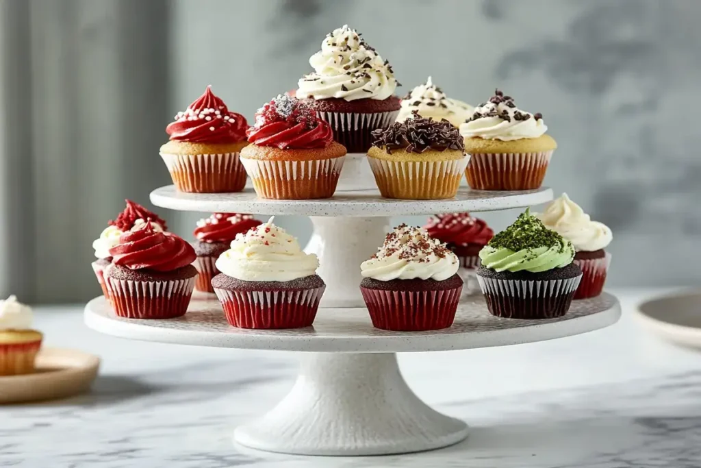 A tray of assorted mini cupcakes in different flavors