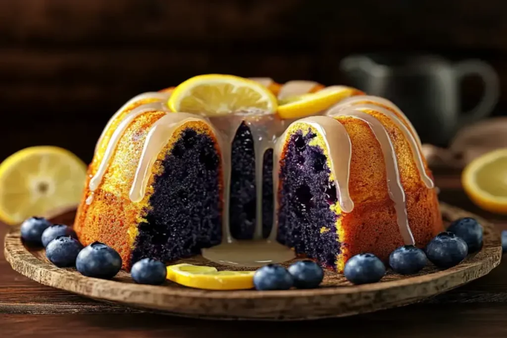 Blueberry pound cake with a fresh lemon glaze and berries.
