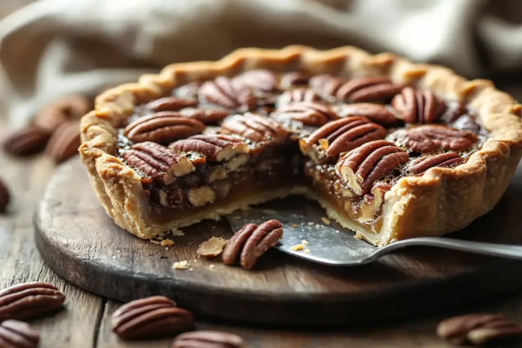 Freshly baked Southern pecan pie with a golden crust and gooey filling.