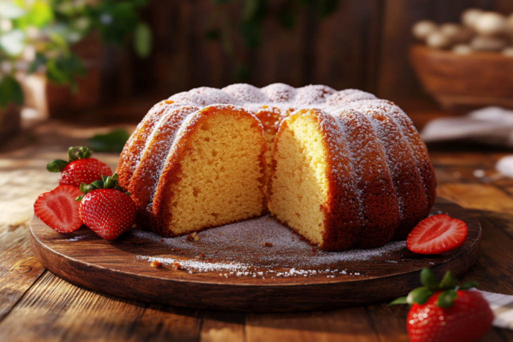 Freshly baked Southern pound cake with a golden crust and soft texture.