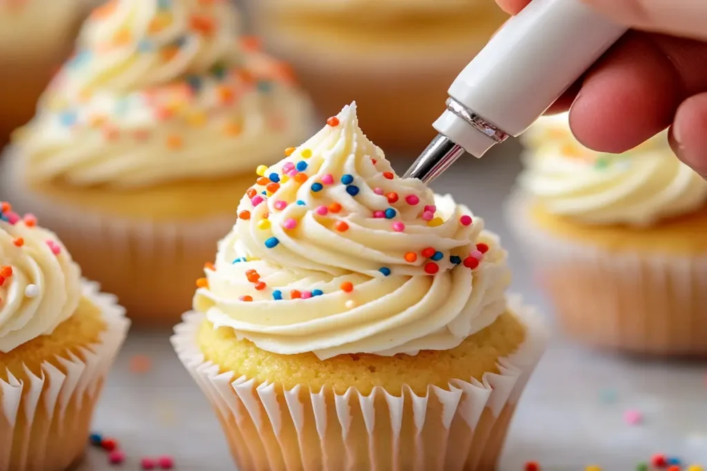 Frosting mini cupcakes with a piping bag.
