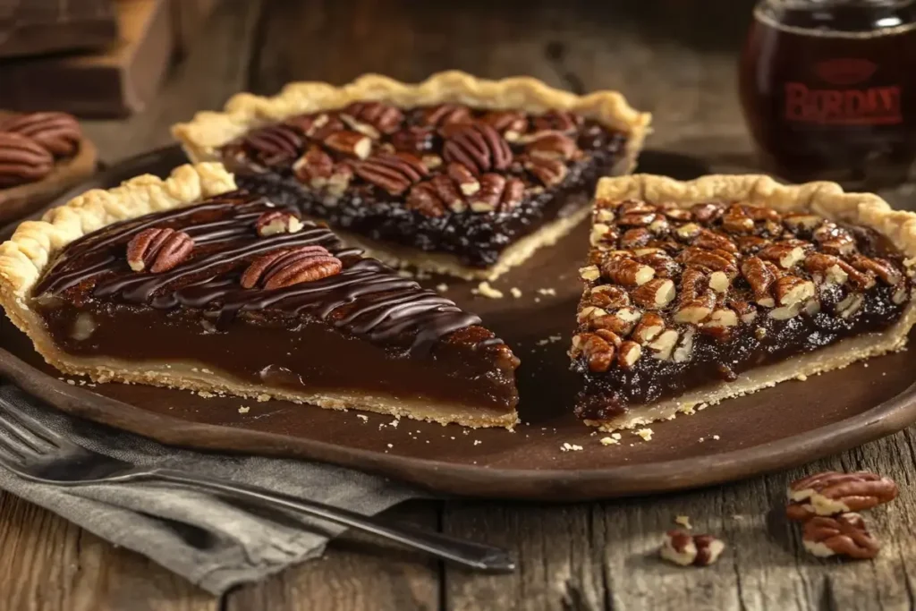 Three variations of pecan pie—classic, chocolate, and bourbon.
