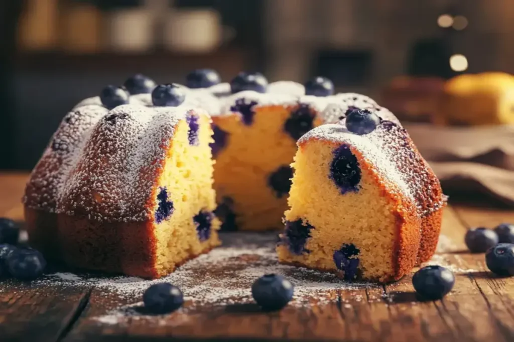 Freshly baked blueberry pound cake with golden crust and soft texture.