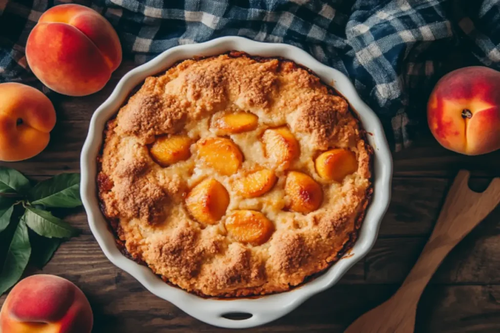 Golden peach cobbler in a baking dish with fresh peaches.