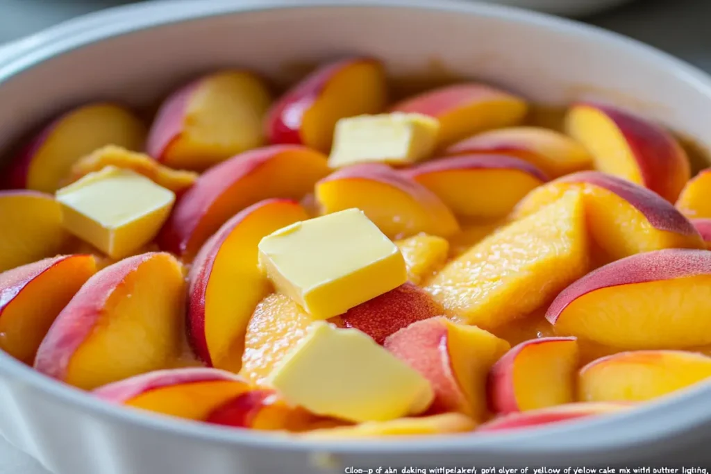 Step-by-step preparation of a peach cobbler with cake mix.