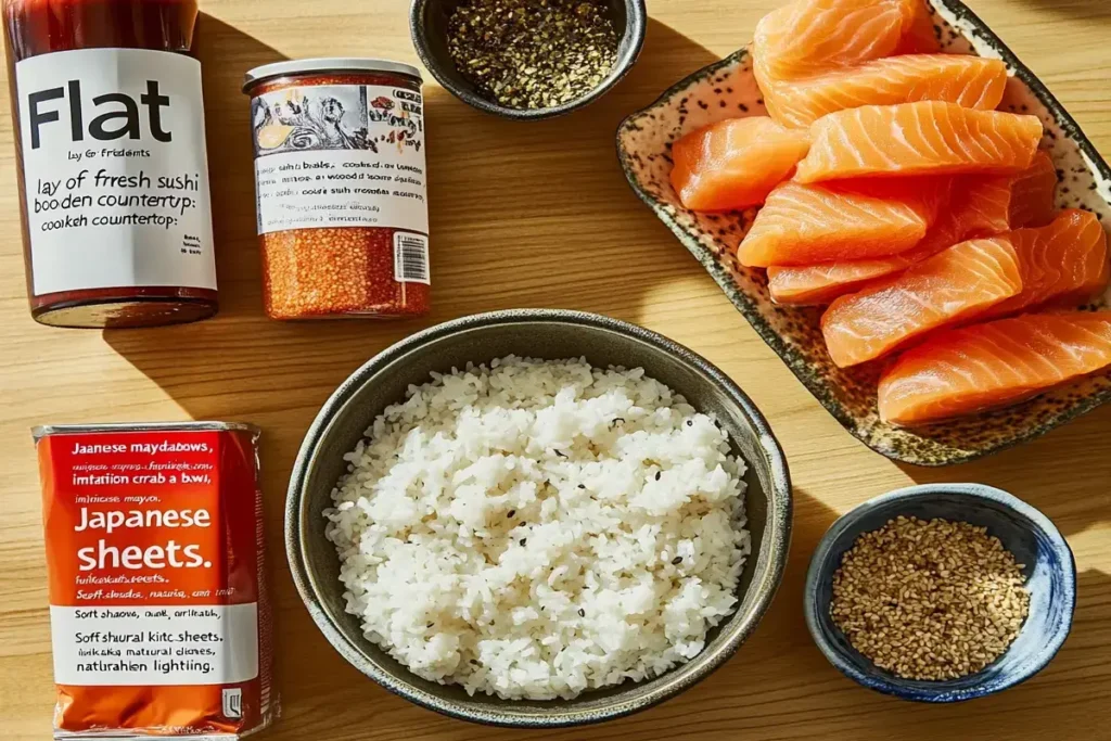 Essential ingredients for making sushi bake, including rice, seafood, and seasonings.
