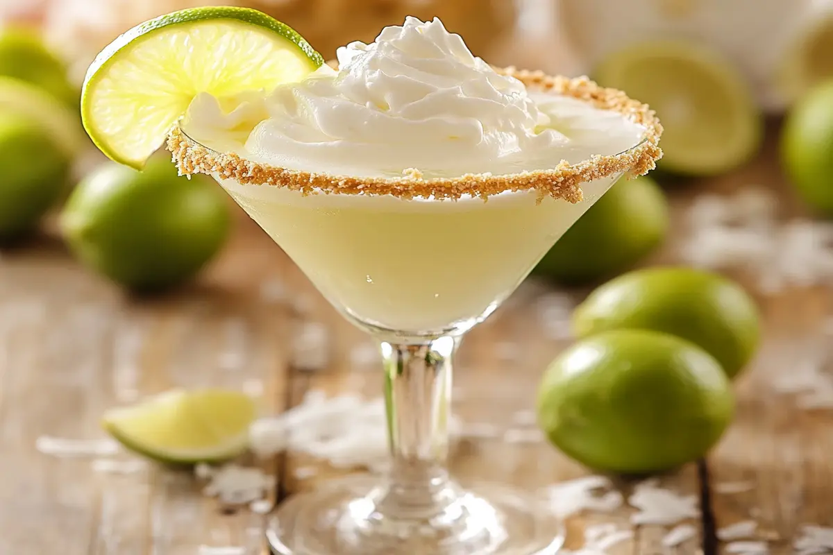 A key lime pie martini with a graham cracker rim and lime garnish.