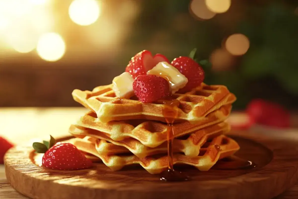 A stack of golden mini waffles topped with strawberries and syrup.