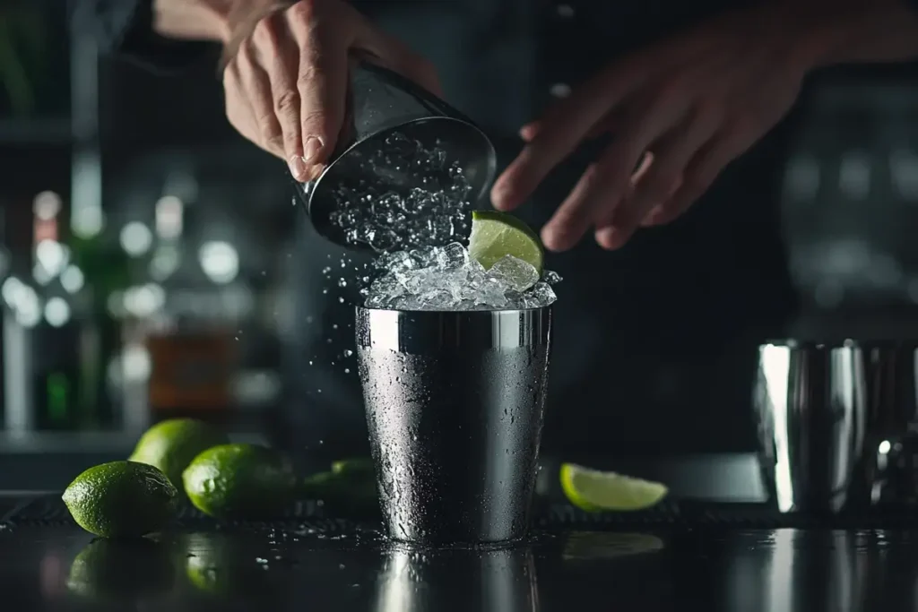 Bartender shaking a cocktail shaker to mix a key lime pie martini.