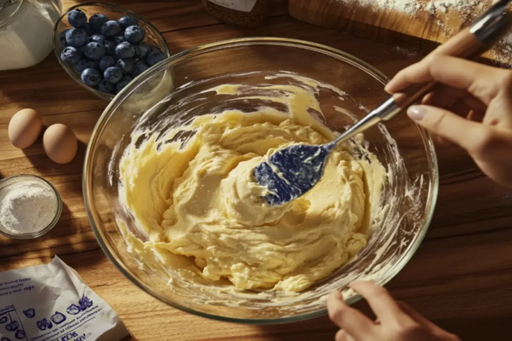 Mixing batter for blueberry pound cake with fresh ingredients.
