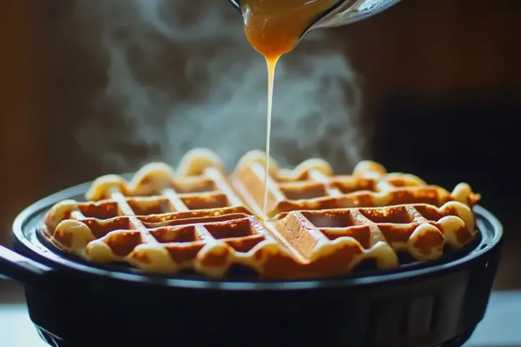 Pouring Bisquick waffle batter into a waffle maker