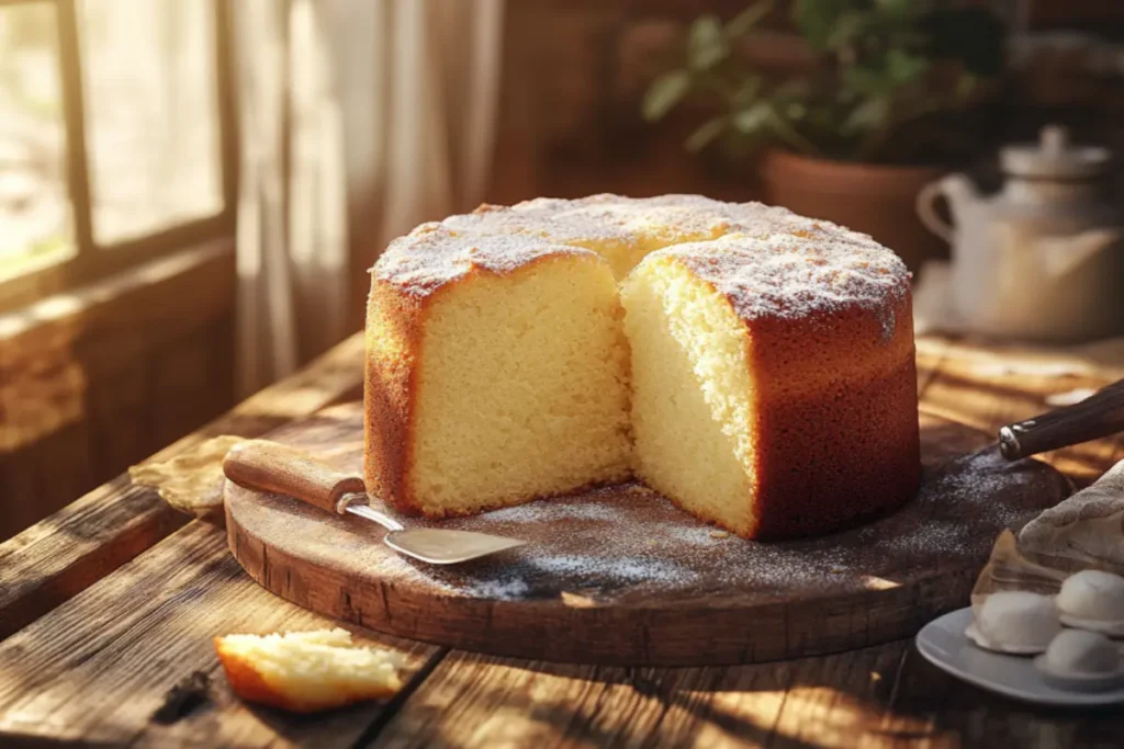 Alt Text: Freshly baked vanilla pound cake with a golden crust and soft texture