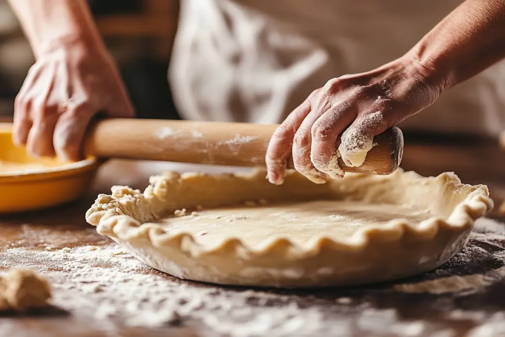 Hands rolling out homemade pie crust for a southern pecan pie.
