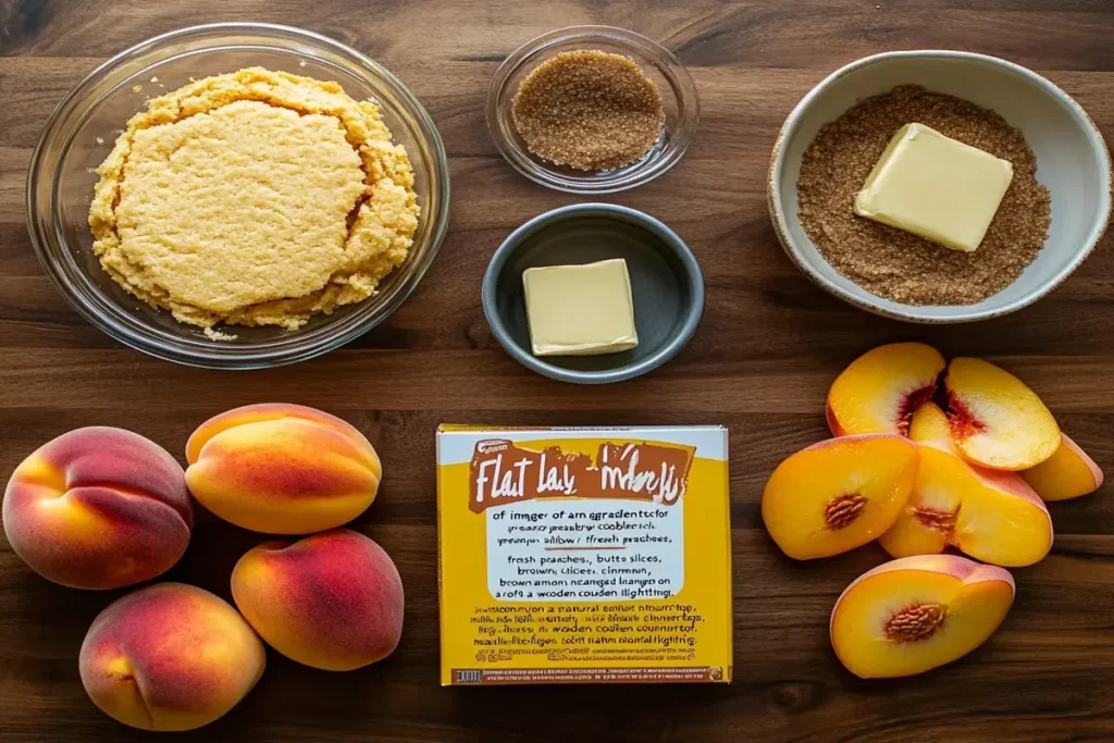 Ingredients for a peach cobbler recipe with cake mix.
