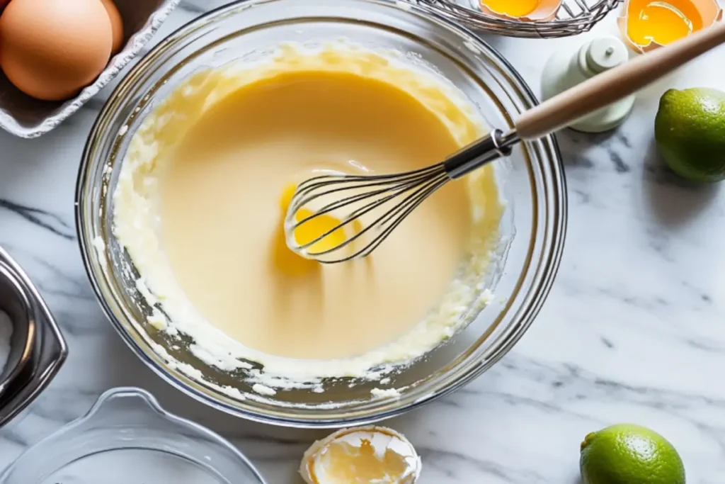 Mixing Key Lime Pie filling with fresh Key lime juice
