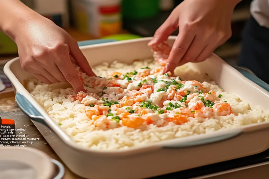 Spreading rice and seafood mixture in a dish for sushi bake preparation.
