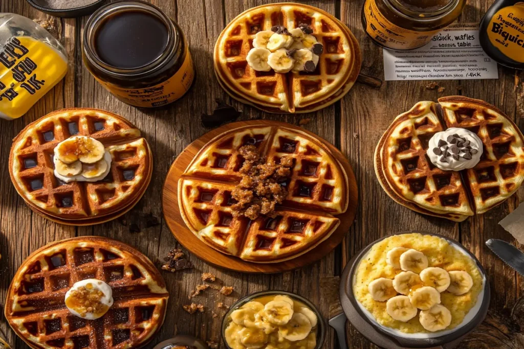 Different variations of Bisquick waffles on a breakfast table