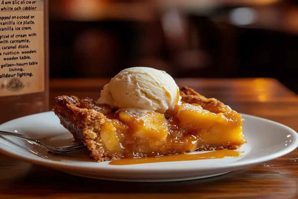 A slice of peach cobbler with vanilla ice cream.