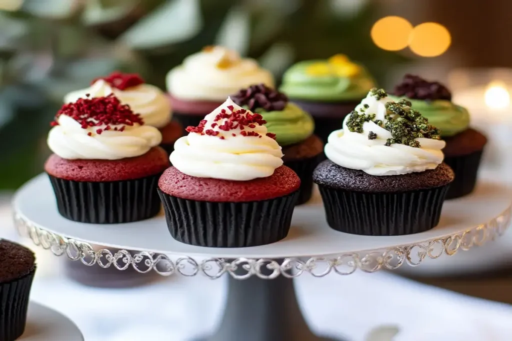 A cupcake stand with various mini cupcake flavors.
