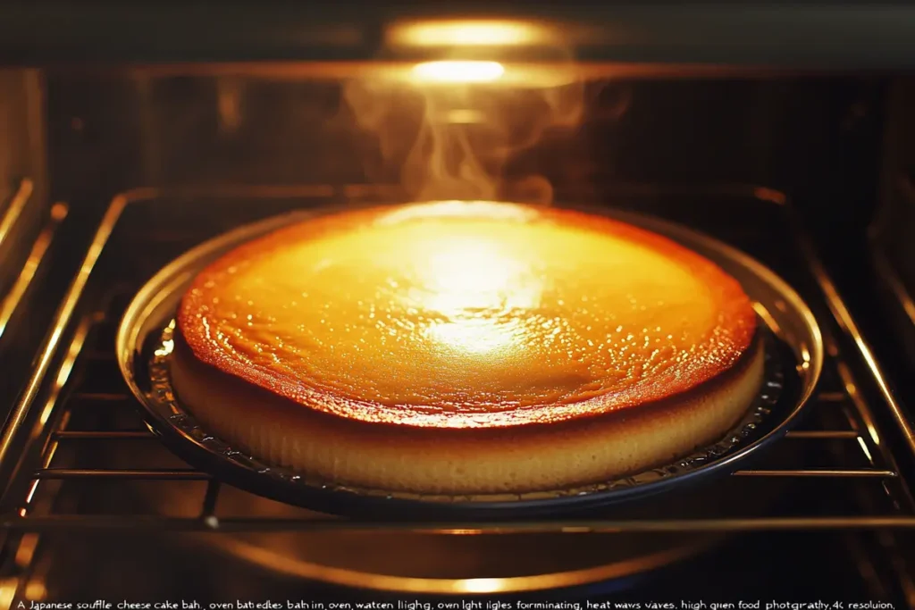 A Japanese soufflé cheesecake rising in the oven with a water bath technique.
