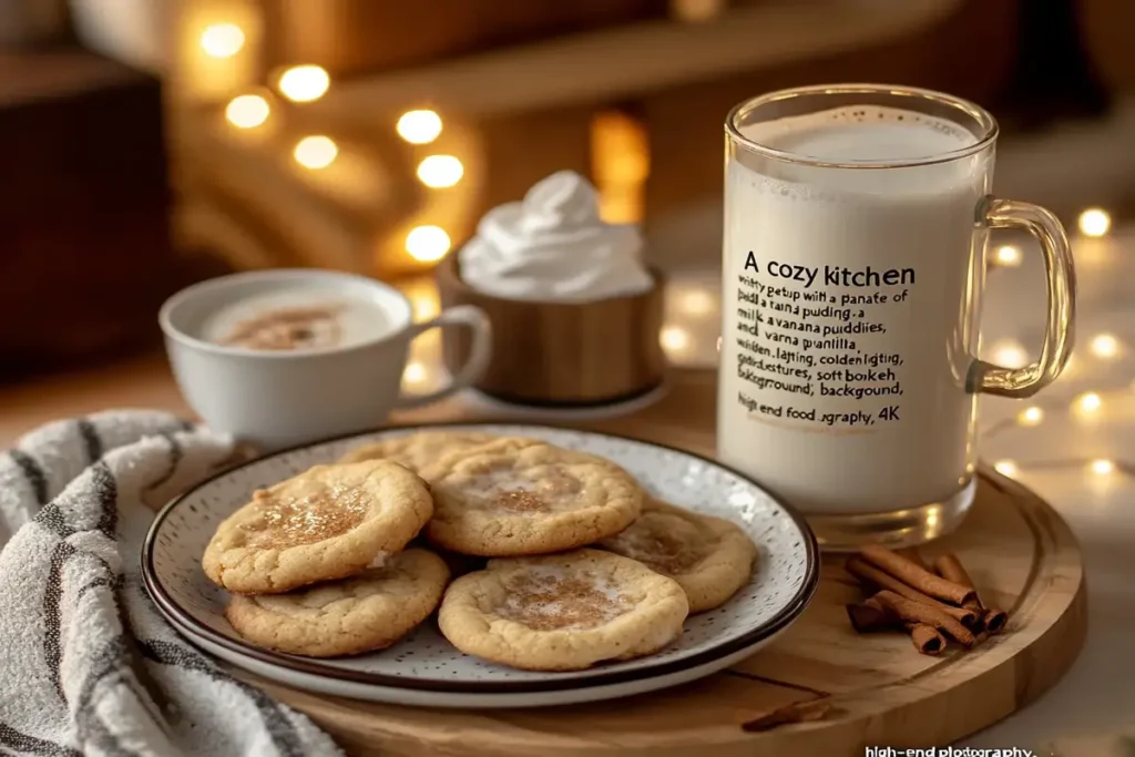 A plate of banana pudding cookies served with a glass of milk and a vanilla latte.
