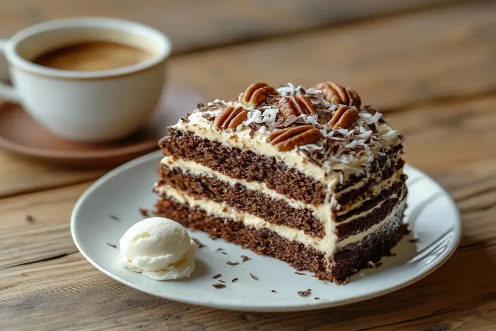 A slice of German chocolate cake with coffee and ice cream.