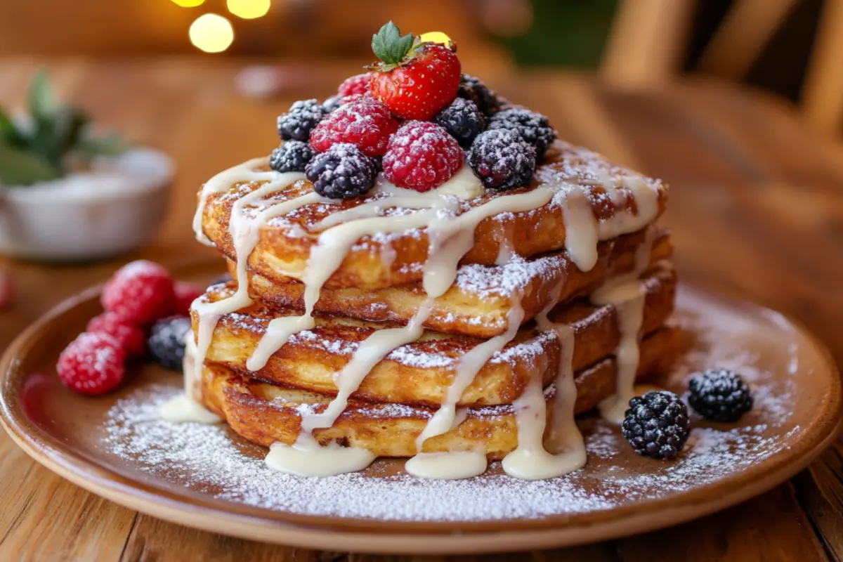 A stack of cinnamon roll French toast drizzled with icing and topped with berries